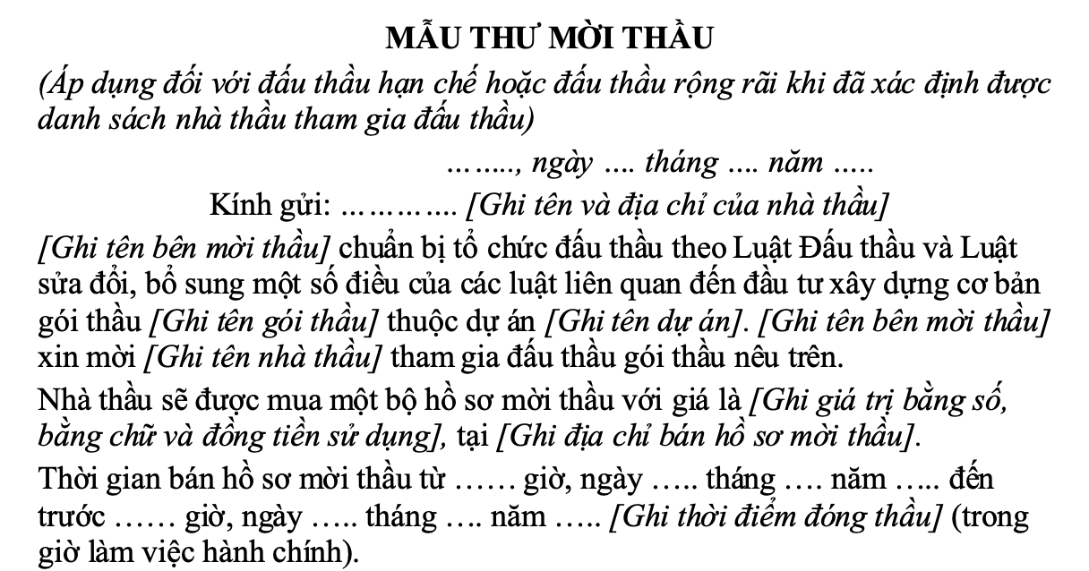 mẫu thư mời thầu chỉ định thầu