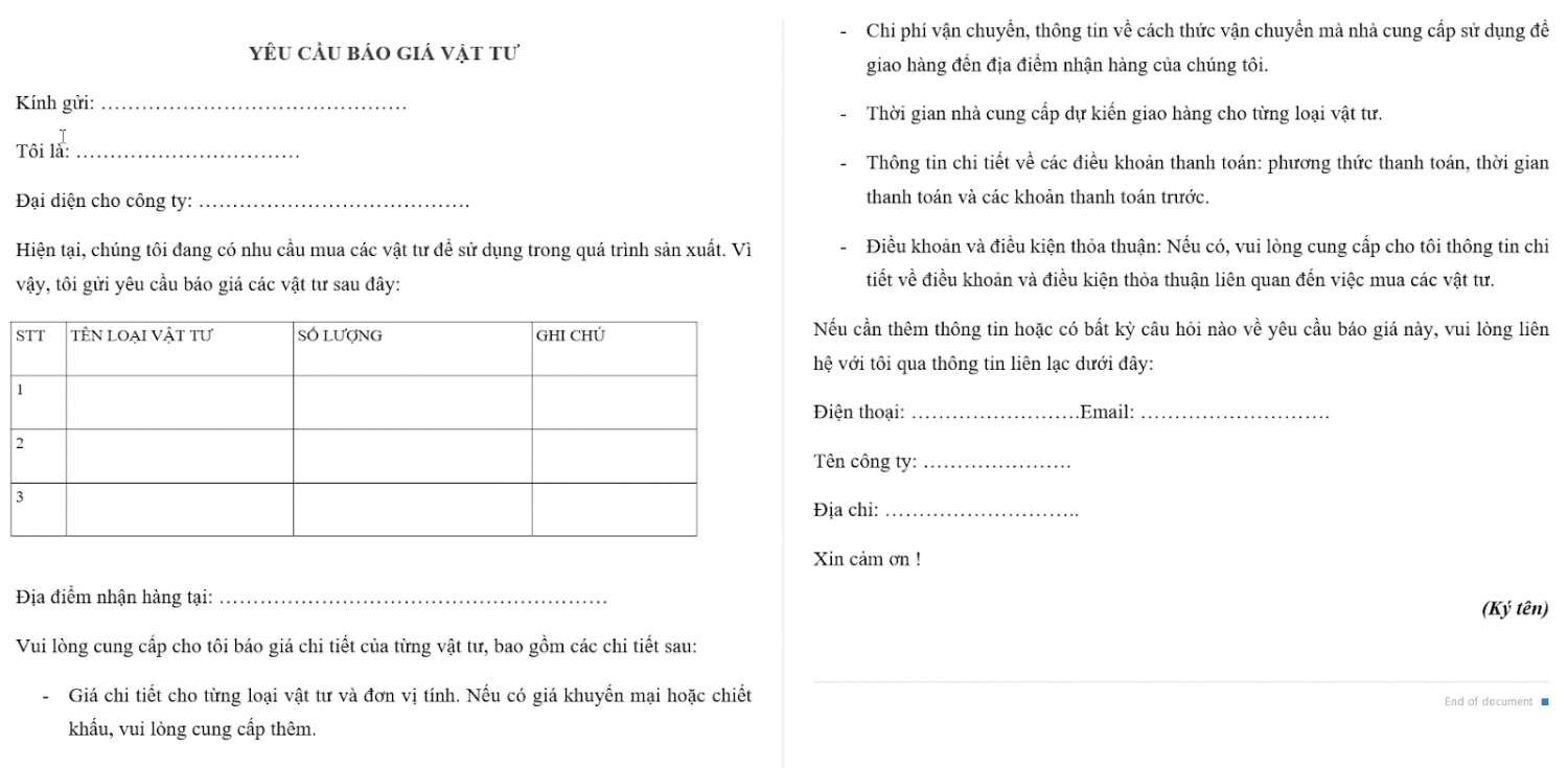 mẫu yêu cầu báo giá vật tư