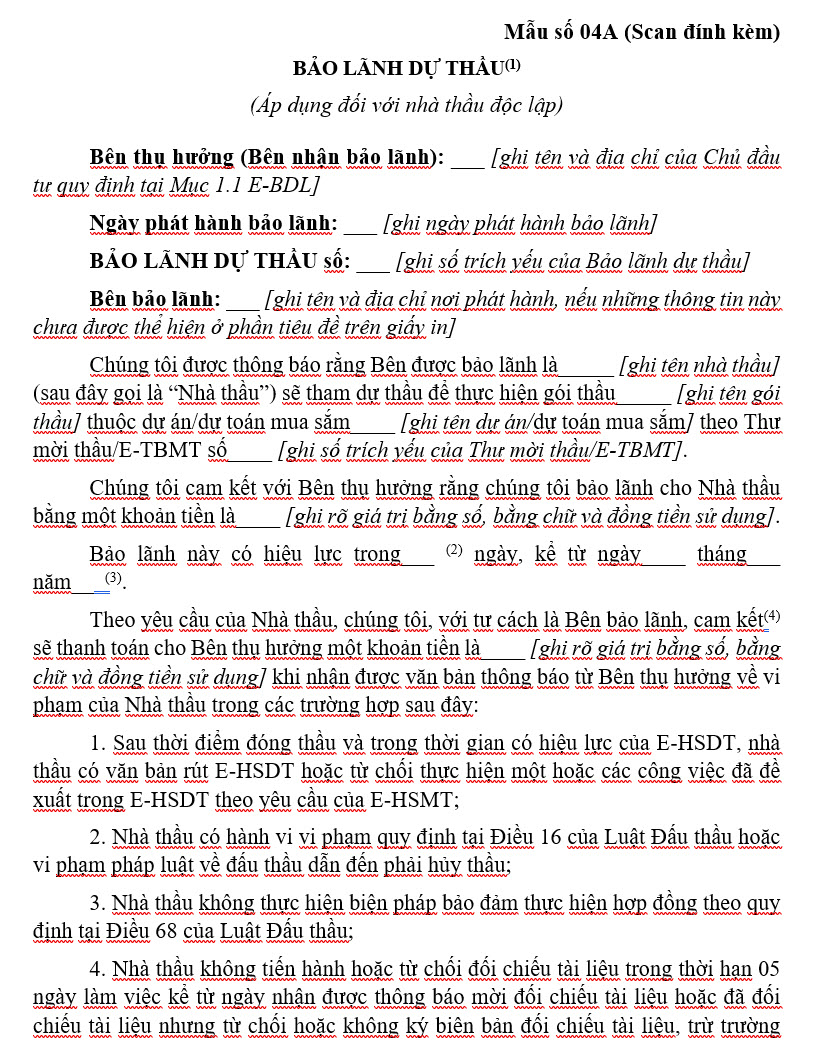 mẫu bảo lãnh dự thầu mua sắm hàng hóa