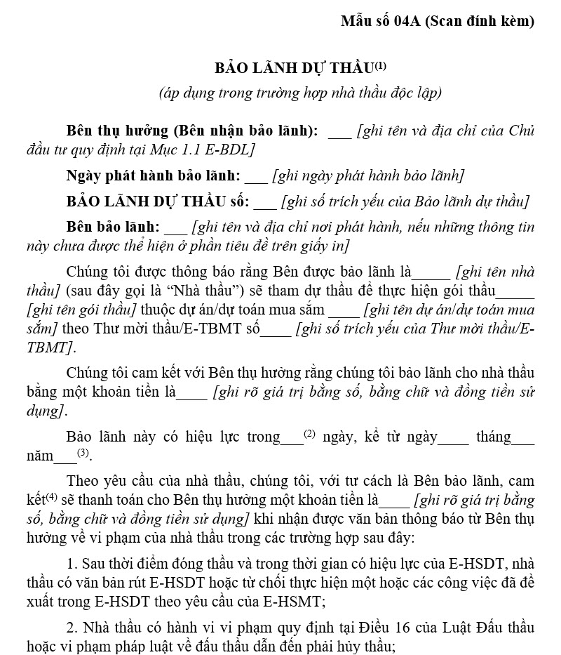 mẫu bảo lãnh dự thầu phi tư vấn