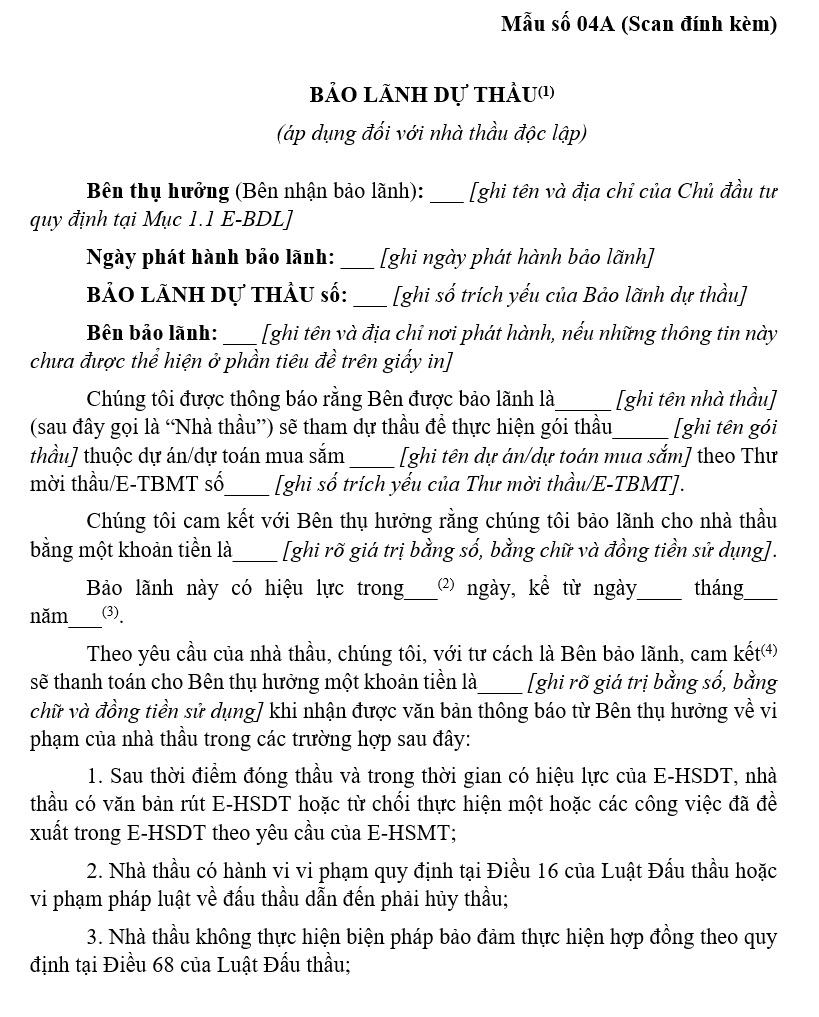 mẫu bảo lãnh dự thầu xây lắp