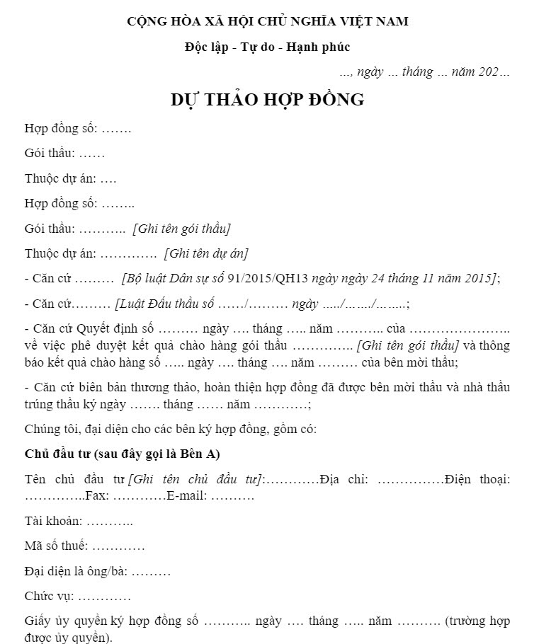 mẫu dự thảo hợp đồng